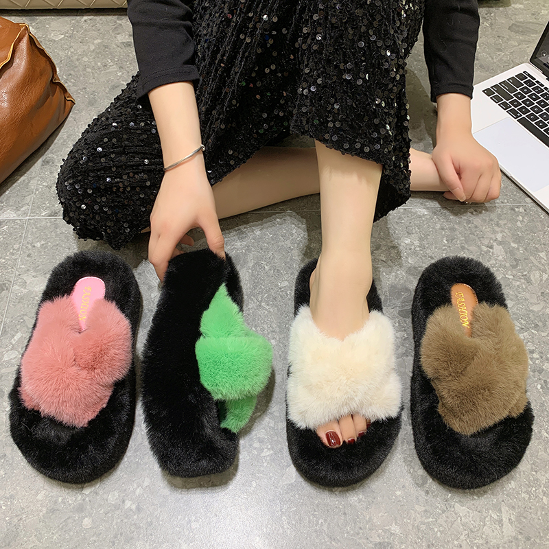 新款交叉秋冬居家外穿网红增高小个子百搭温柔通勤厚底毛毛拖鞋