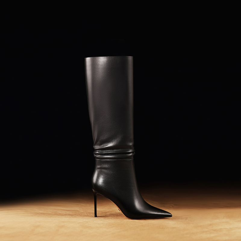 不过膝尖头细跟靴子女长筒靴高跟超模靴冬季新款真皮一脚蹬高筒靴