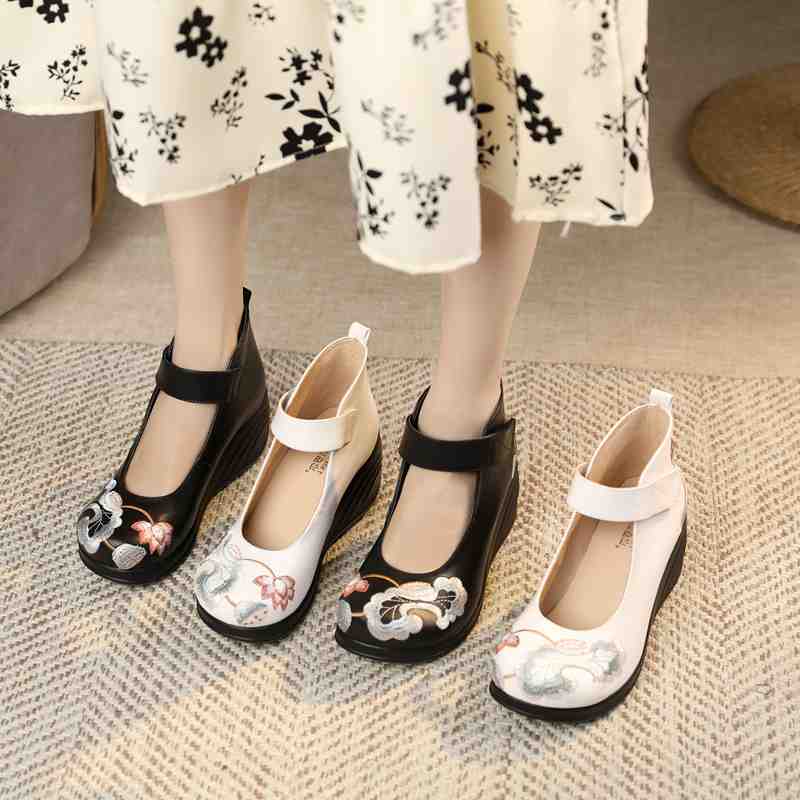 民族风复古真皮绣花鞋女士单鞋软底中国风夏季春夏圆头古风浅口鞋