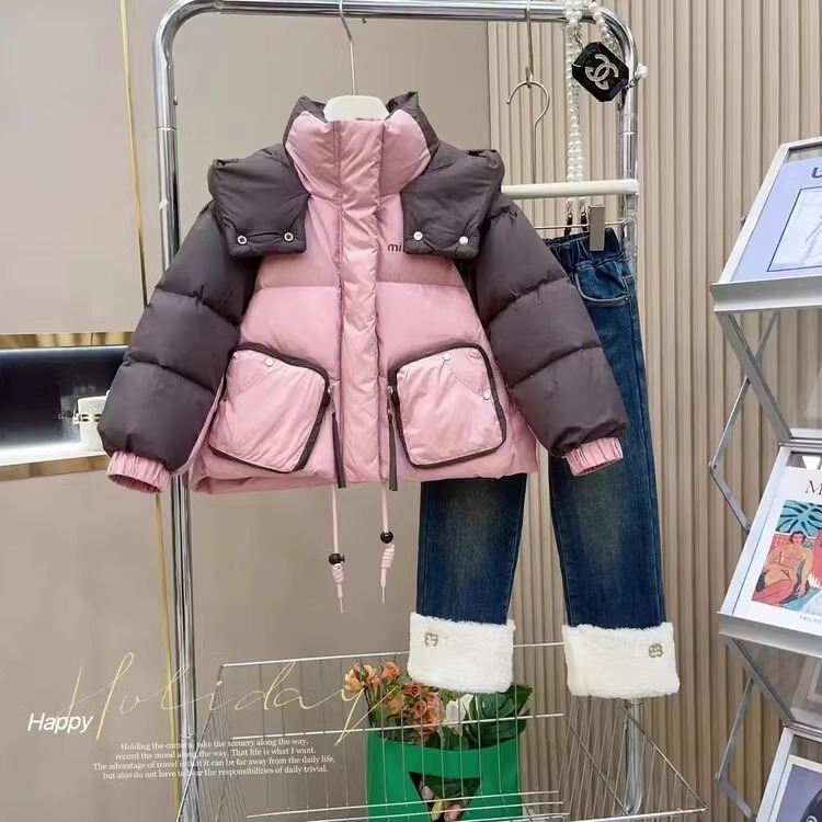 NY潮牌女童拼色大口袋羽绒服冬季新款中大童短款白鸭绒面包服外套