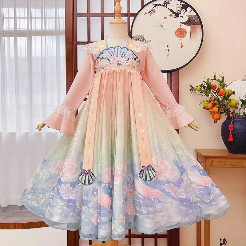 NY潮牌女童汉服秋冬季新款古风连衣裙中小童女孩唐装超仙古装裙子