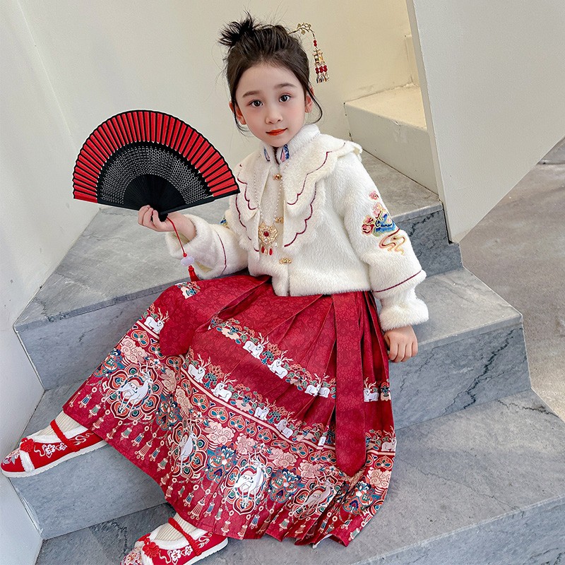 NY潮牌女童马面裙套装拜年服冬装新款中国风加绒唐装过年加厚汉服