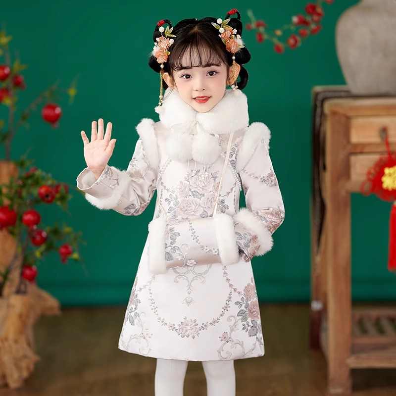 NY女童旗袍连衣裙秋冬装新款中小童洋气国风公主裙女孩拜年服唐装