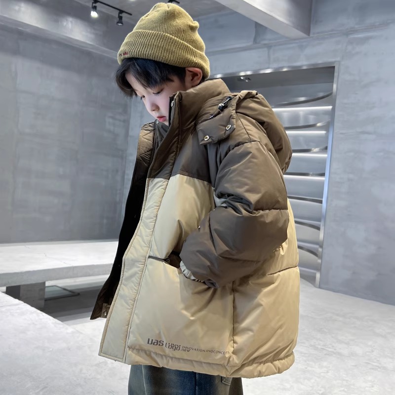 NY潮牌男童拼色羽绒服2024冬装新款中大儿童宽松洋气加厚保暖外套