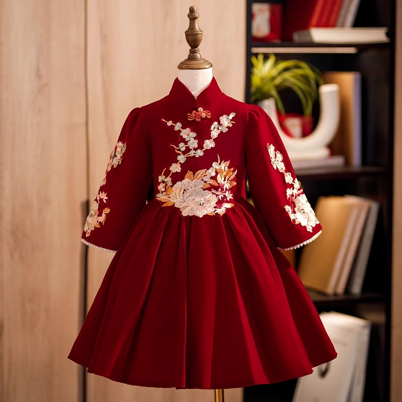NY潮牌女童连衣裙秋冬款加绒中国风中大童红色公主裙周岁礼服裙子