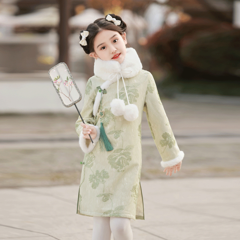 NY潮牌女童旗袍冬季新款中小童拜年服唐装加厚改良长袖古筝演出服