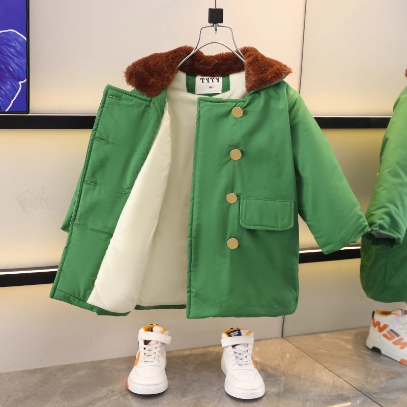 NY潮牌男童军大衣男童棉服加绒加厚东北棉袄纯棉中长款孩军绿棉衣