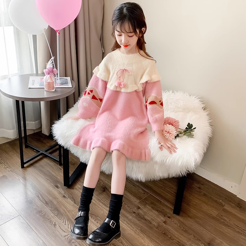 NY潮牌女童连衣裙秋冬装新款中大童女孩洋气长袖针织毛衣裙公主裙