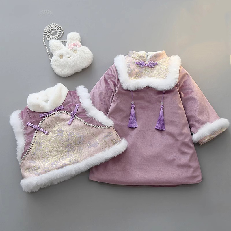 NY潮牌女童汉服拜年服冬季加绒中小童古装周岁加棉加厚旗袍裙唐装