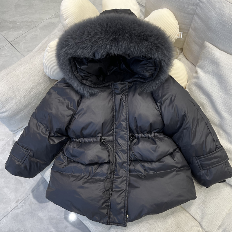 NY潮牌女童中长款大毛领羽绒服冬季韩系风中小童宝宝加厚保暖外套