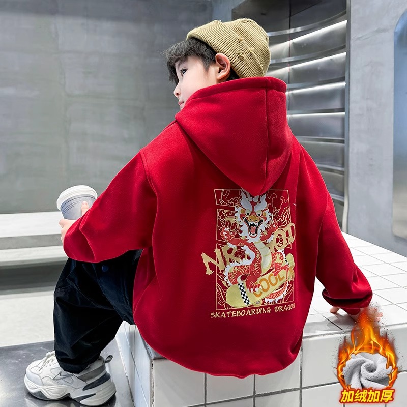 NY男童红色卫衣加绒加厚秋冬新款中大童男孩本命年龙年一体绒上衣