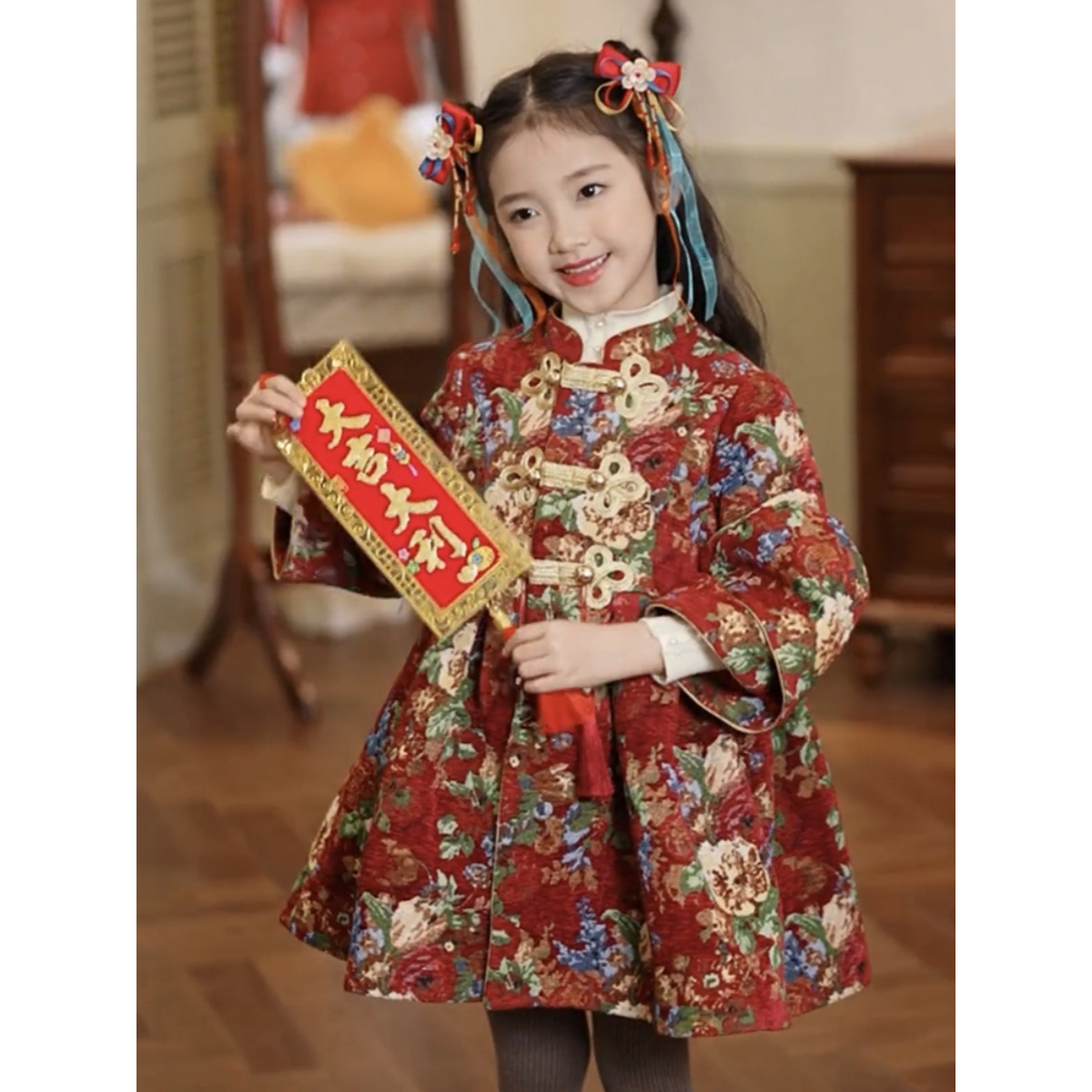 NY潮牌女童夹棉拜年服秋冬新款中小童新年唐装连衣裙国风汉服旗袍