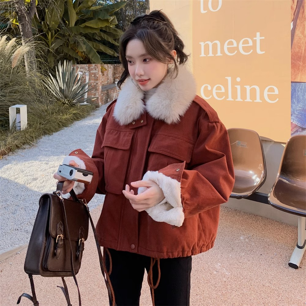 今年流行红色短款加绒派克服棉服女冬2023新款炸街棉衣小个子棉袄