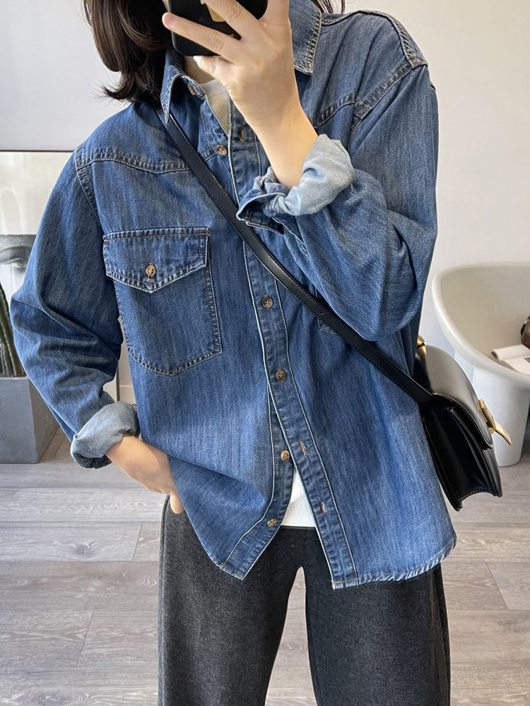 复古牛仔衬衫女2023春秋新款韩系风水洗长袖宽松内搭叠穿外套上衣