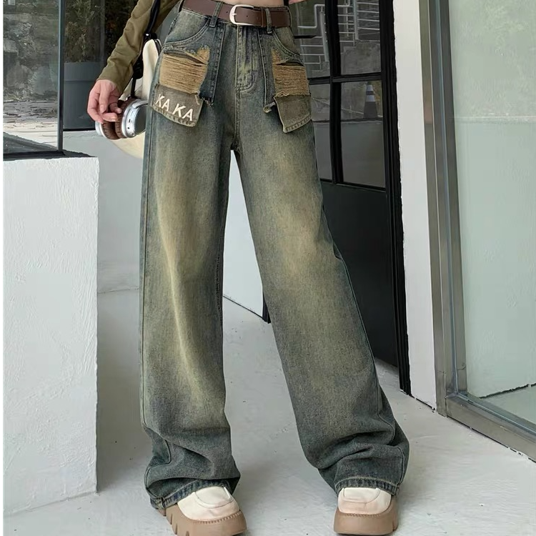 【玲1】百搭2024年新款显瘦复古高腰直筒阔腿喇叭烟管时尚牛仔