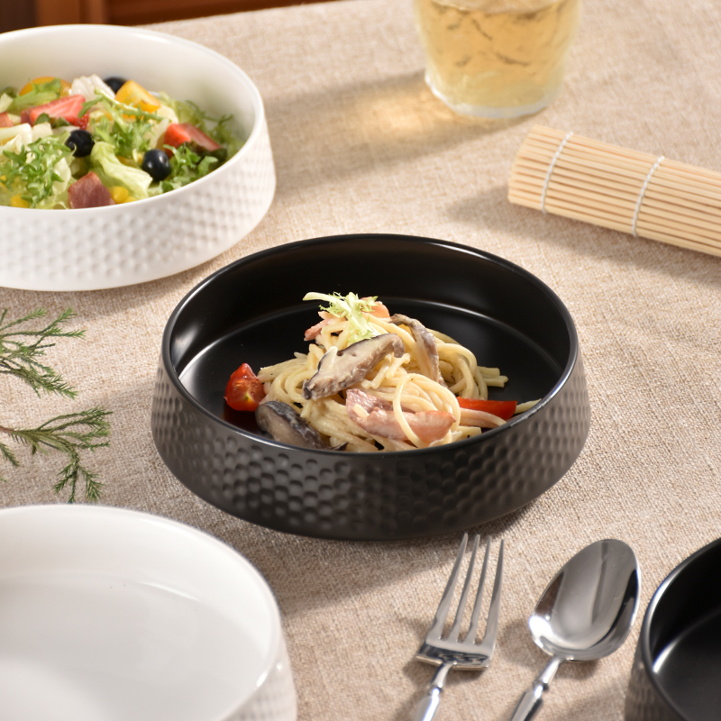 网红款家用沙拉碗钵形日式汤菜碗浮雕餐厅菜碗复古实用陶瓷家用