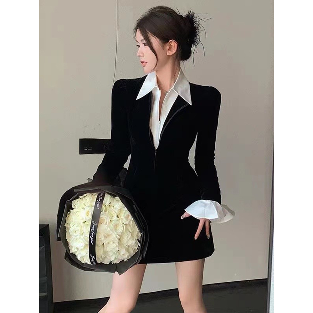 辣妹黑色短裙设计感小众假两件衬衫裙长袖丝绒连衣裙女秋冬包臀裙