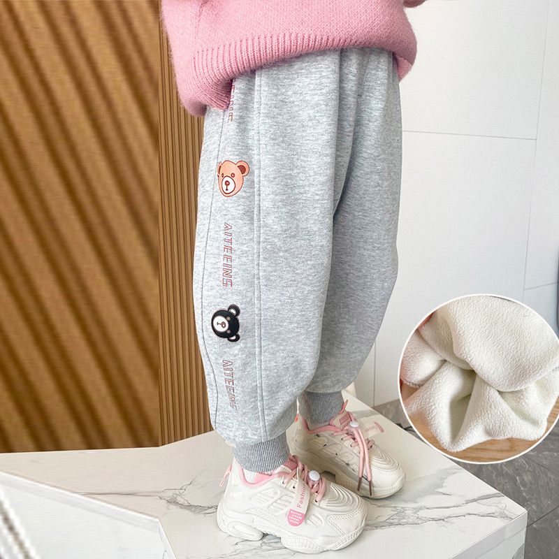 儿童裤子宝宝秋冬加绒休闲裤女童小熊高腰加厚外穿长裤小童一体绒