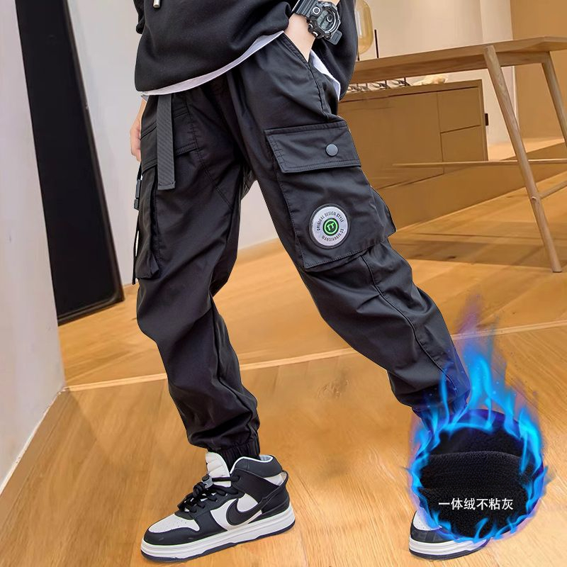 男童加绒工装裤秋冬款一体绒2023儿童裤子休闲裤中大童一体绒裤子