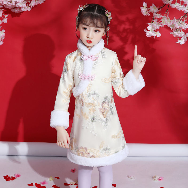 女童旗袍唐装古装加绒加厚中国风加绒汉服女孩冬装过年喜庆拜儿童