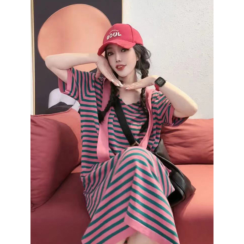 欧货宽松时尚减龄粉色条纹韩系气质中长款连衣裙女漂亮裙子夏季