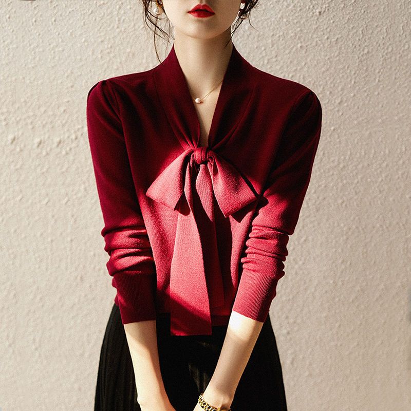 飘带衬衫款围巾领毛衣女长袖秋冬季小香风外搭打底上衣洋气针织衫