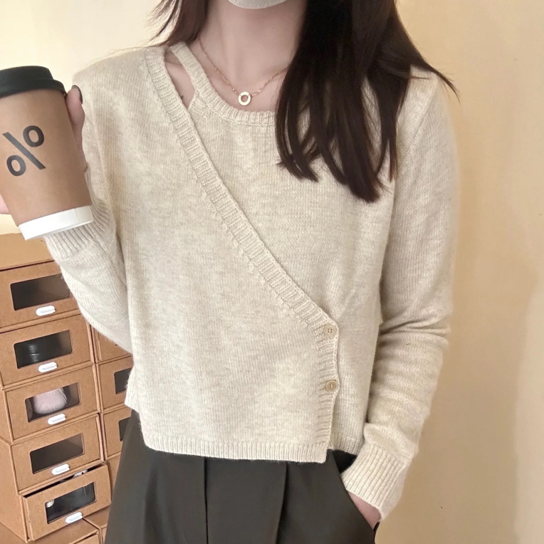 【稻花香】东大门韩版交叉设计感不规则针织衫9726