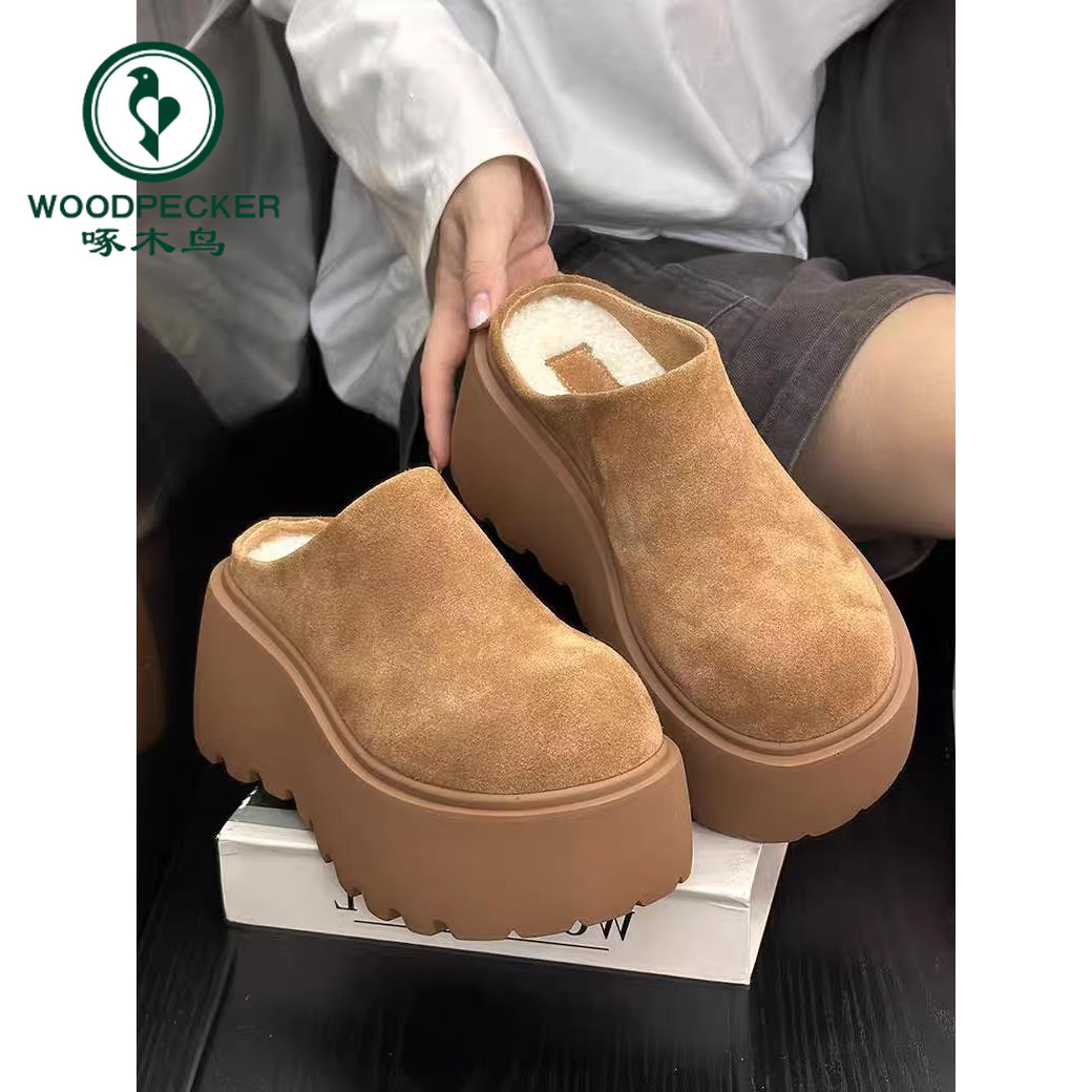 啄木鸟厚底包头半拖鞋女外穿半包勃肯鞋2025新款秋冬加绒女鞋半拖