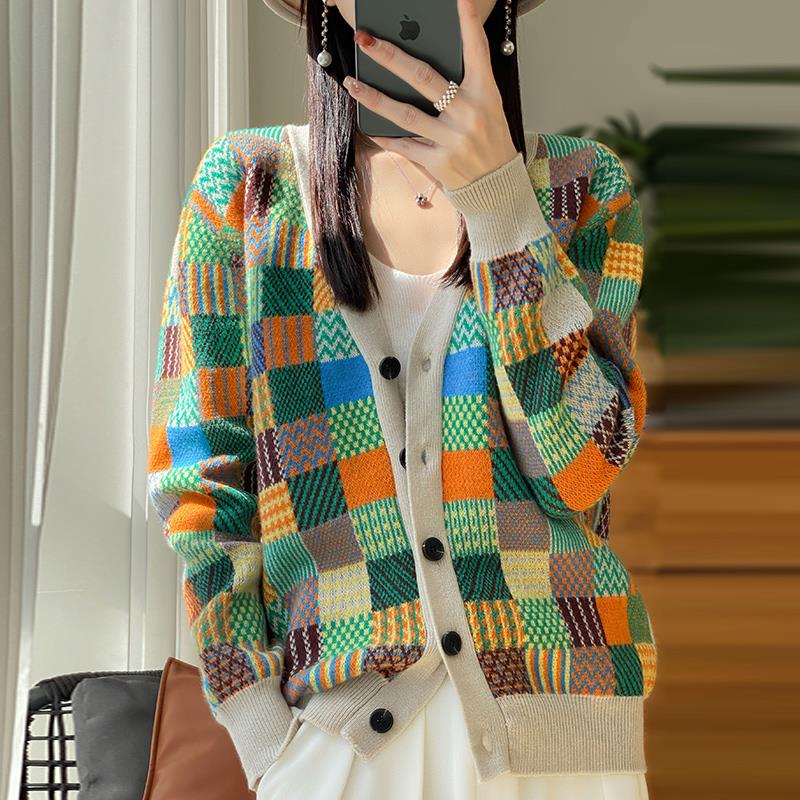 100%纯羊毛领开衫女23秋冬新款宽松洋气羊绒毛衣拼色百搭针织衫女