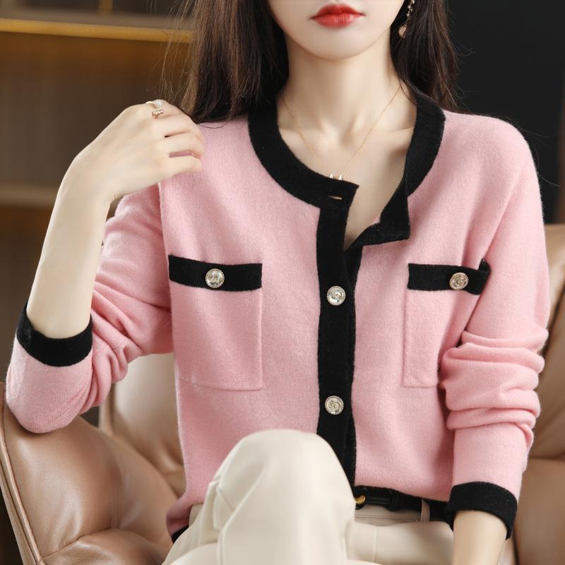 100%羊毛针织开衫女2022秋冬圆领宽松拼色短款小香风羊绒毛衣外套