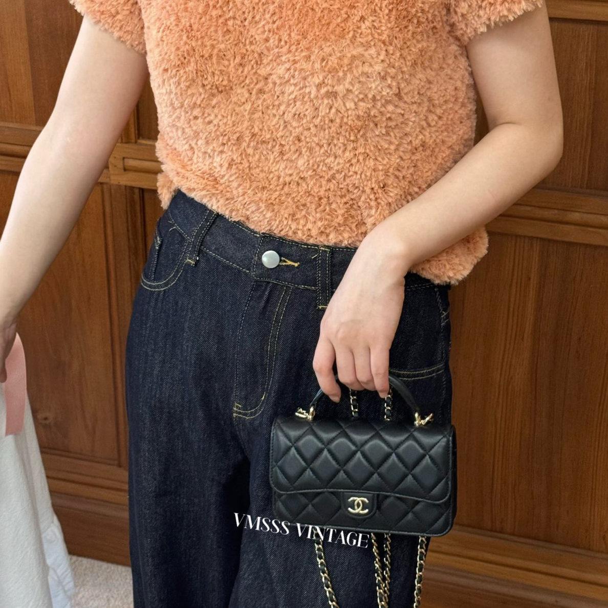 99新 Chanel/香奈儿 黑色手柄woc 羊皮单肩包 芯片款/42013