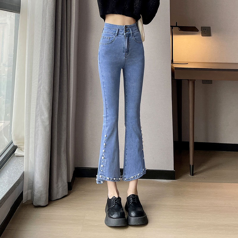 3109#牛仔裤修身夏季弹力时尚开叉微喇叭小个子外穿