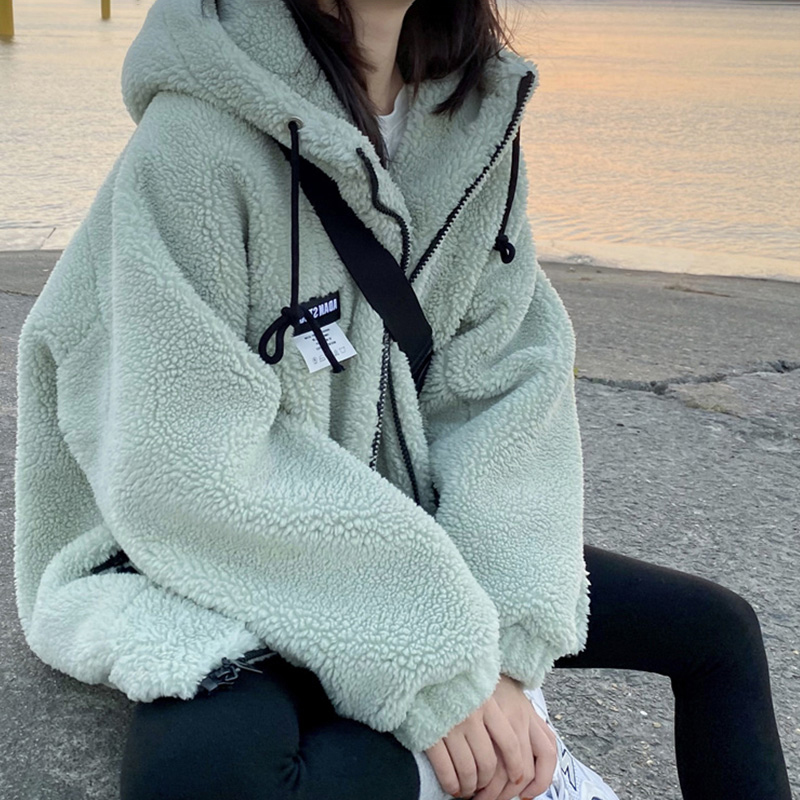 1109羊羔绒毛毛卫衣外套女2022秋冬季中长款慵懒宽松洋气加厚保暖