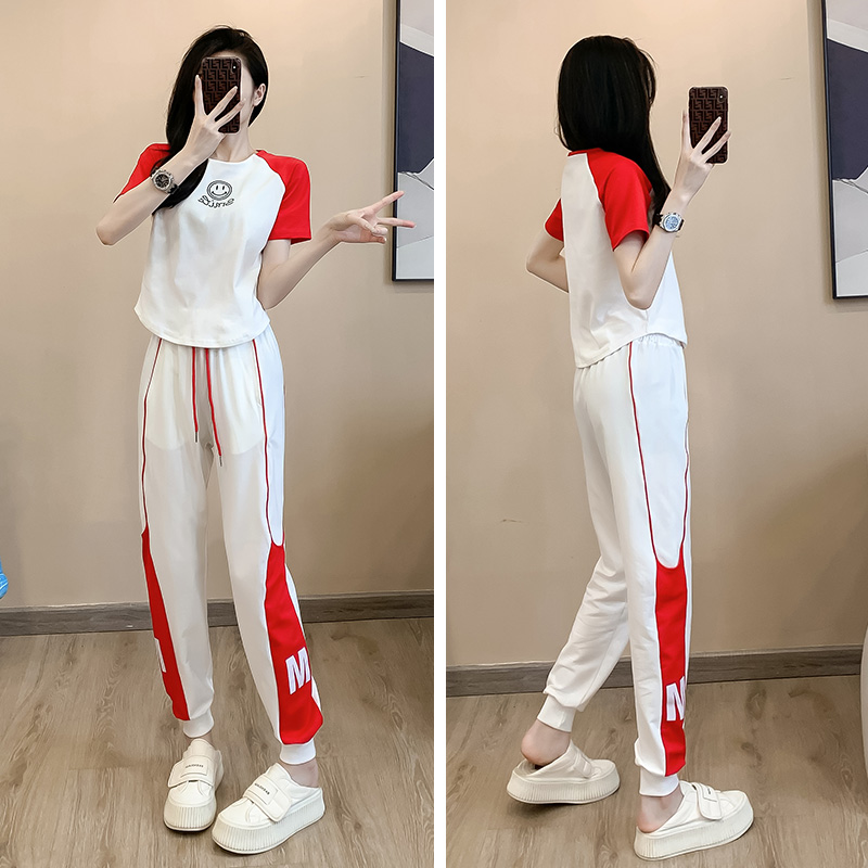 1240#小个子穿搭休闲运动套装时髦洋气减龄拼色短袖束脚裤两件套