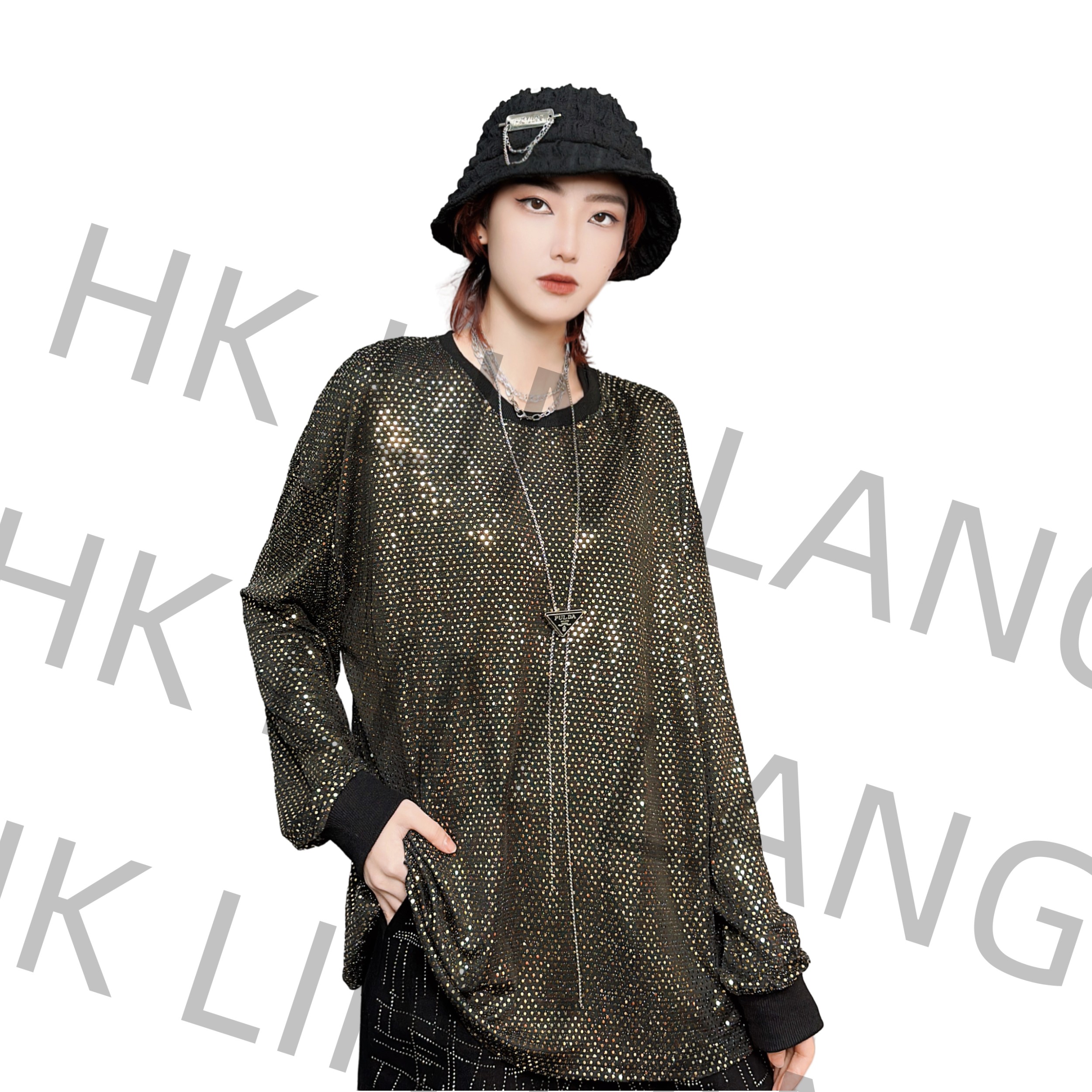 时尚百搭气质设计师重工套头长袖T恤0828#