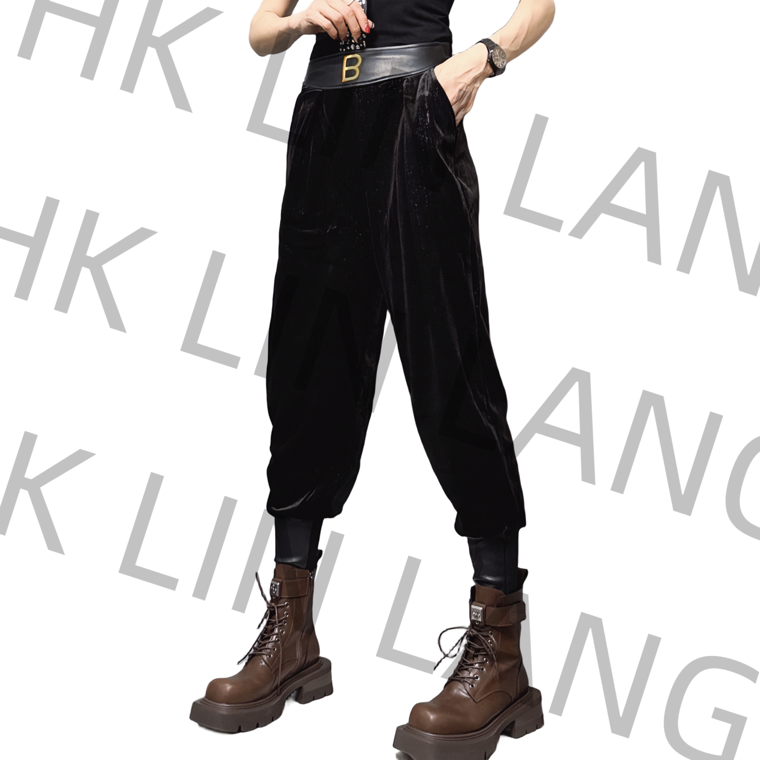 百搭网红时尚骑士设计师秋季暗黑时装黑色哈伦裤宽松休闲裤 375#