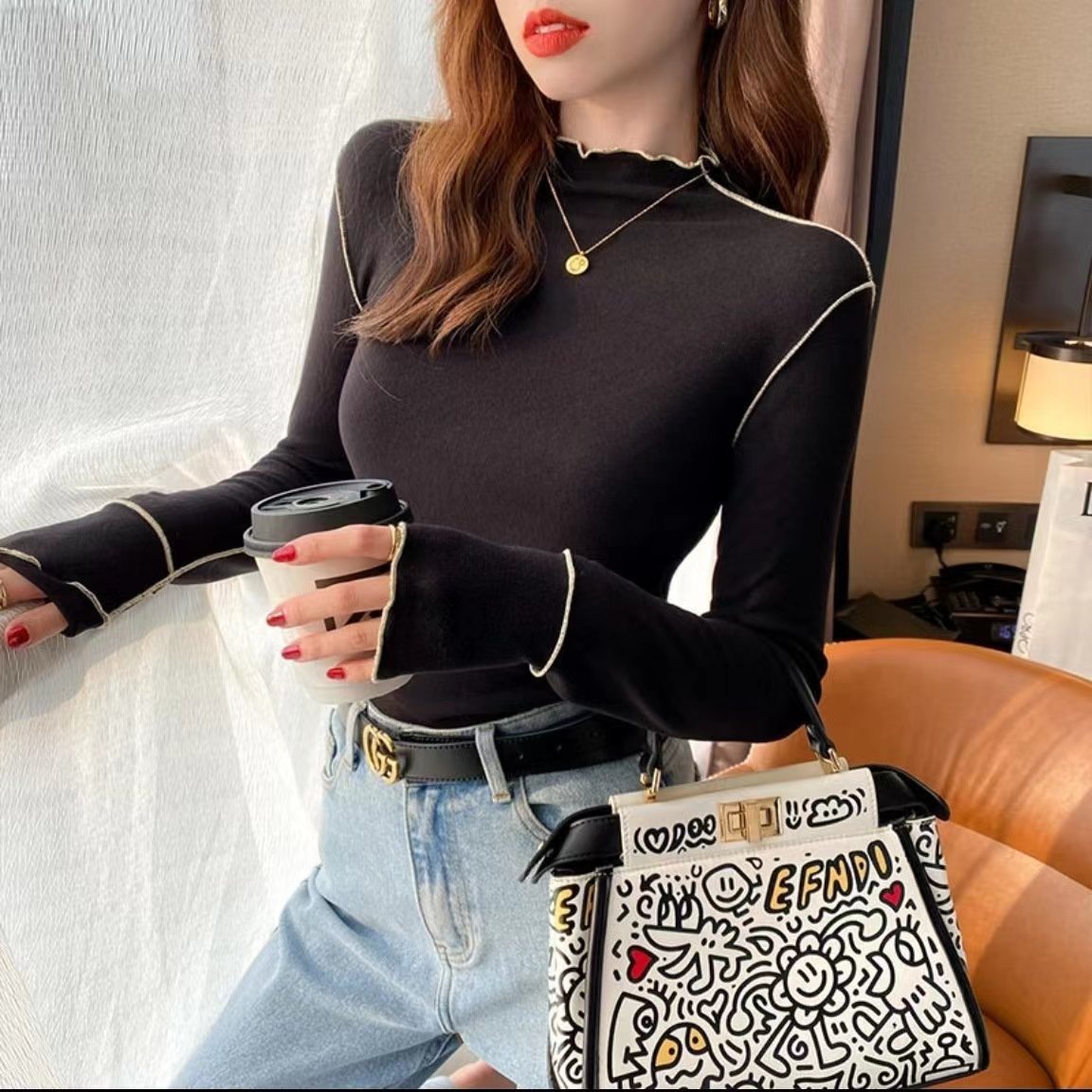 女款秋冬双面设计德绒木耳边修身半高领打底衫百搭针织衫显瘦上衣