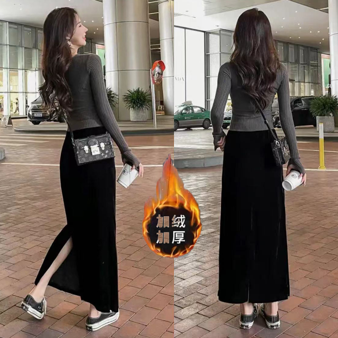 现货-加绒加厚金丝绒半身裙女秋冬女装修身显瘦百搭黑色开叉裙子