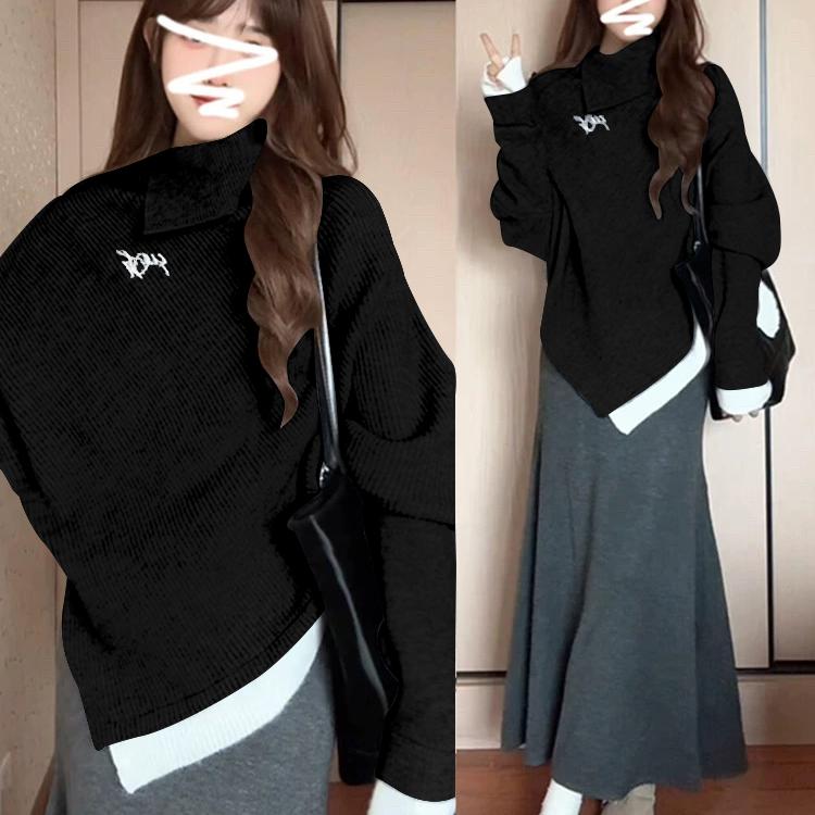 秋冬高领不规则宽松斗篷外穿毛衣女设计感宽松慵懒风针织上衣外套