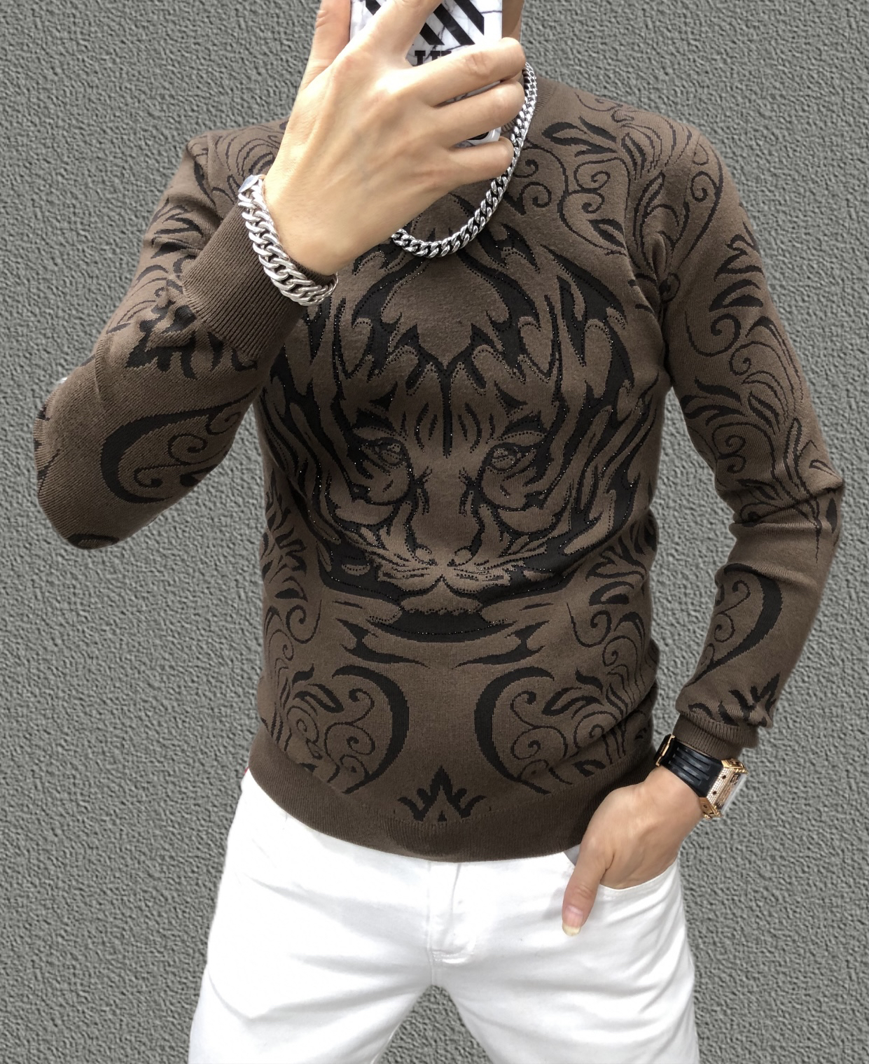 （加厚天丝羊毛）高端时尚潮流百搭针织提花烫钻圆领长袖（98236