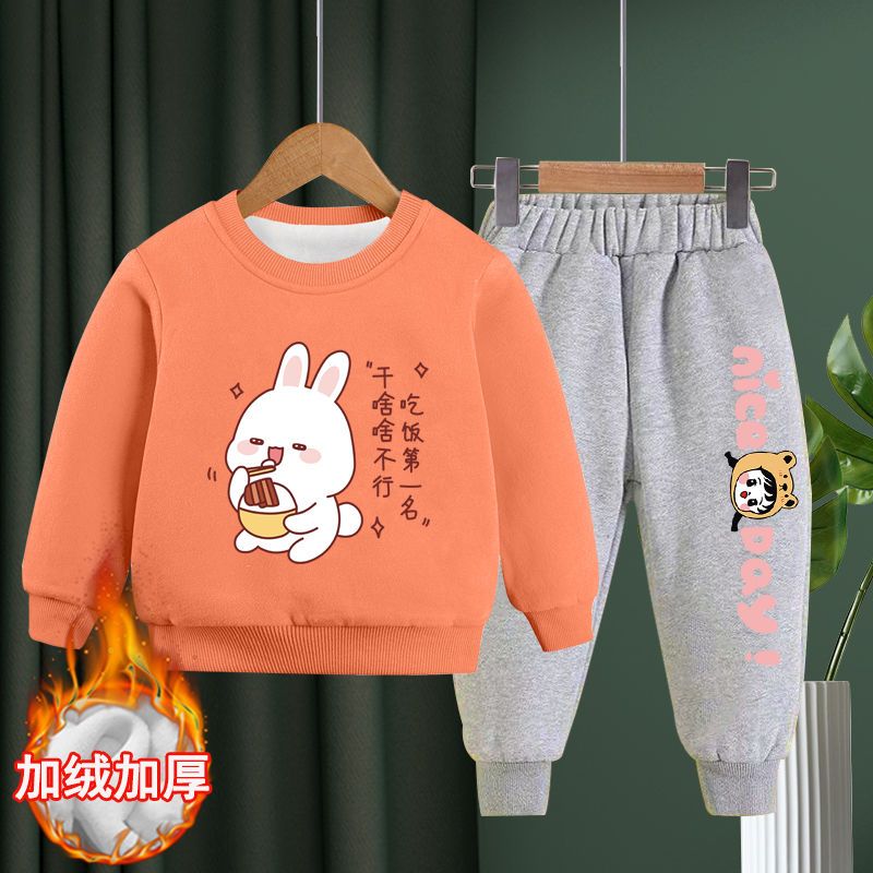 女童加绒套装2023新款儿童韩版加绒运动休闲外套宝宝秋冬两件套潮