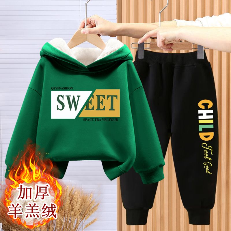 儿童运动套装男中大童加绒加厚连帽卫衣羊糕绒保暖外套长裤两件套