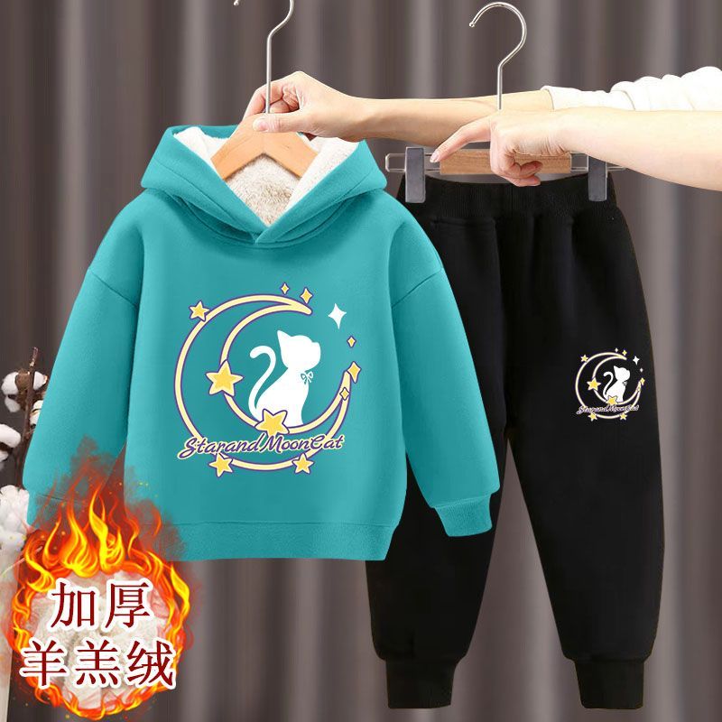 儿童加绒连帽卫衣套装2023年秋冬装新款韩版中小童冬男女童两件套