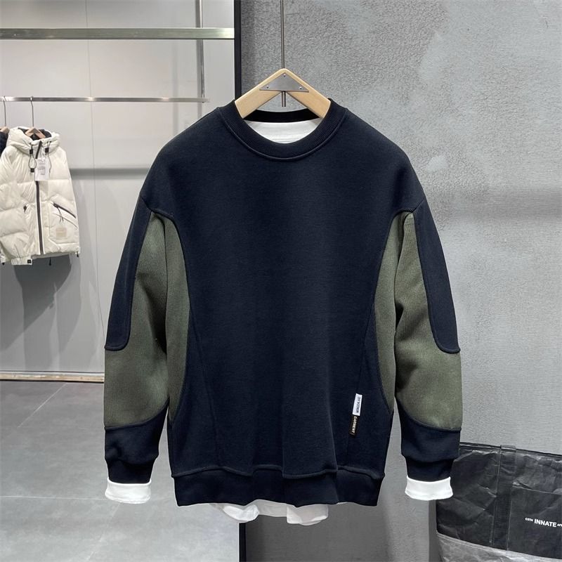 秋冬新款圆领卫衣男士韩版潮流撞色拼接百搭青年套头潮牌长袖上衣