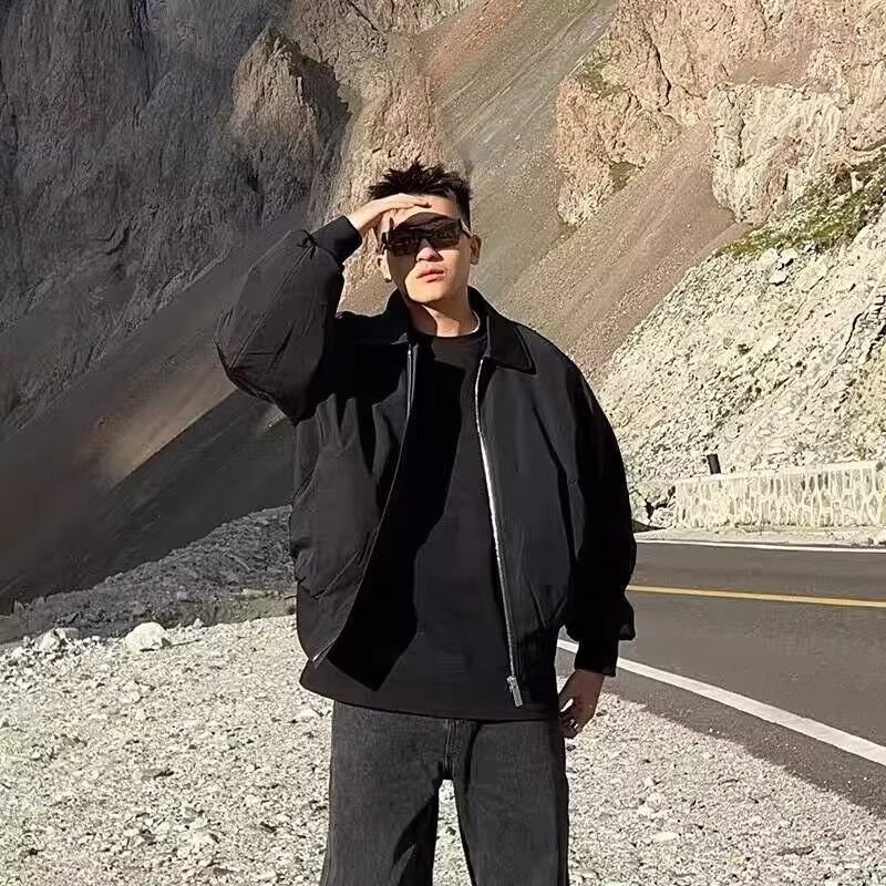 美式街头复古休闲夹克男士秋冬黑色基础翻领棉服外套防风保暖男潮