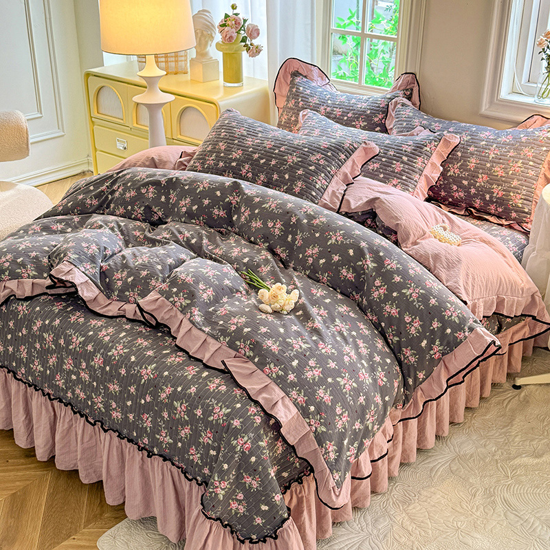 A类针织棉夹棉加厚床盖套件绗缝被子被套防滑不跑床韩式INS风花边