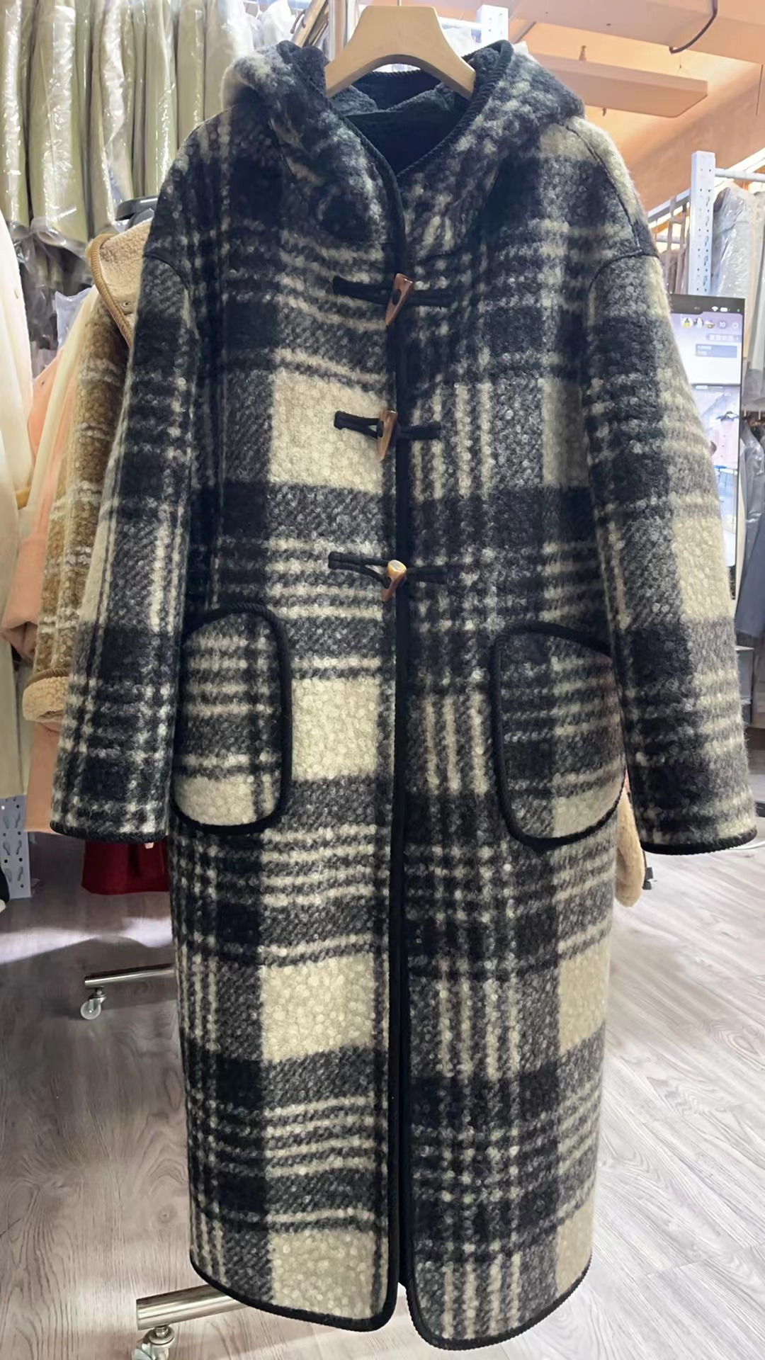 【大小秋】格子连帽韩版中长款保暖休闲加厚秋冬格纹外套潮