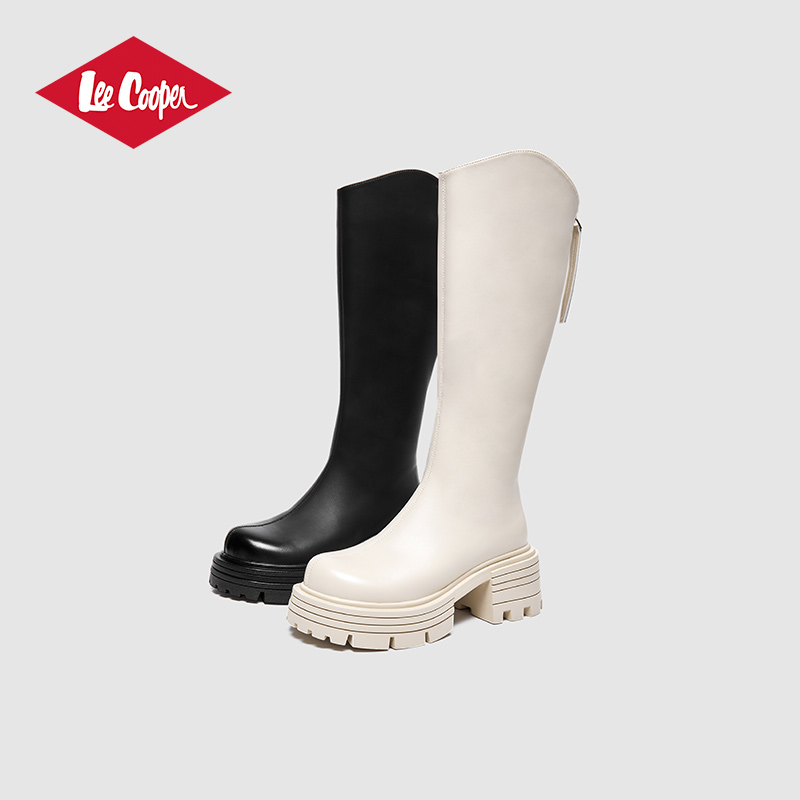 Lee Cooper长筒靴女冬季小个子圆头复古高筒骑士靴厚底v口瘦瘦靴
