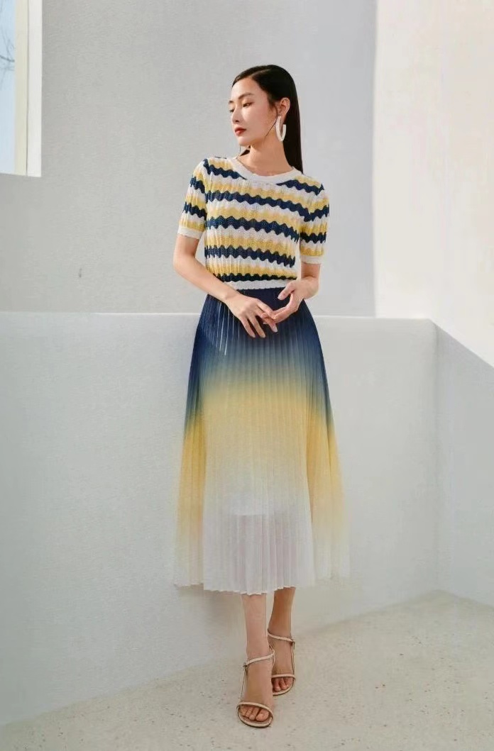 F571-F580高腰少女风厚款中长裙渐变半身裙时尚休闲拼接纱裙