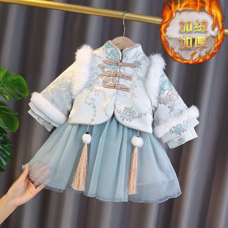 【冬季大促】女童唐装套装新款冬汉服加厚加绒公主呢子连衣裙中国